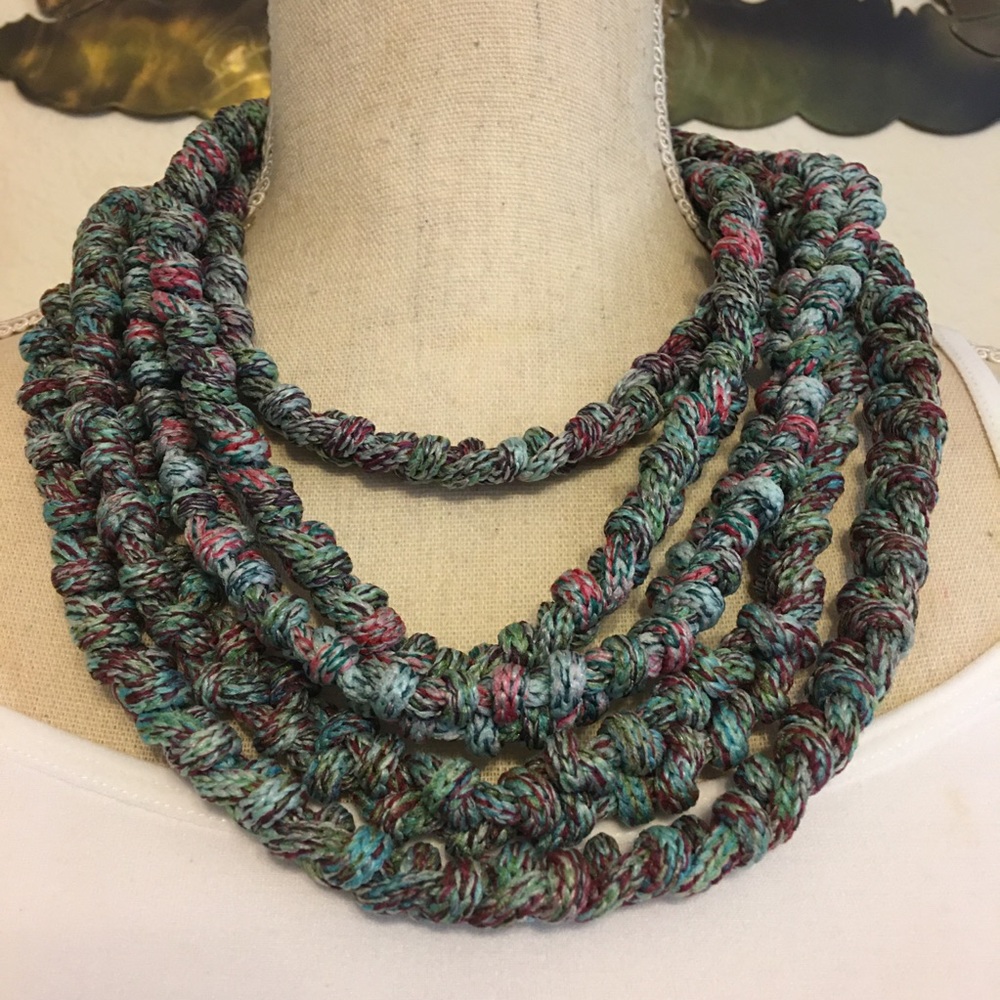 Handmade multi strand knotted yarn necklace